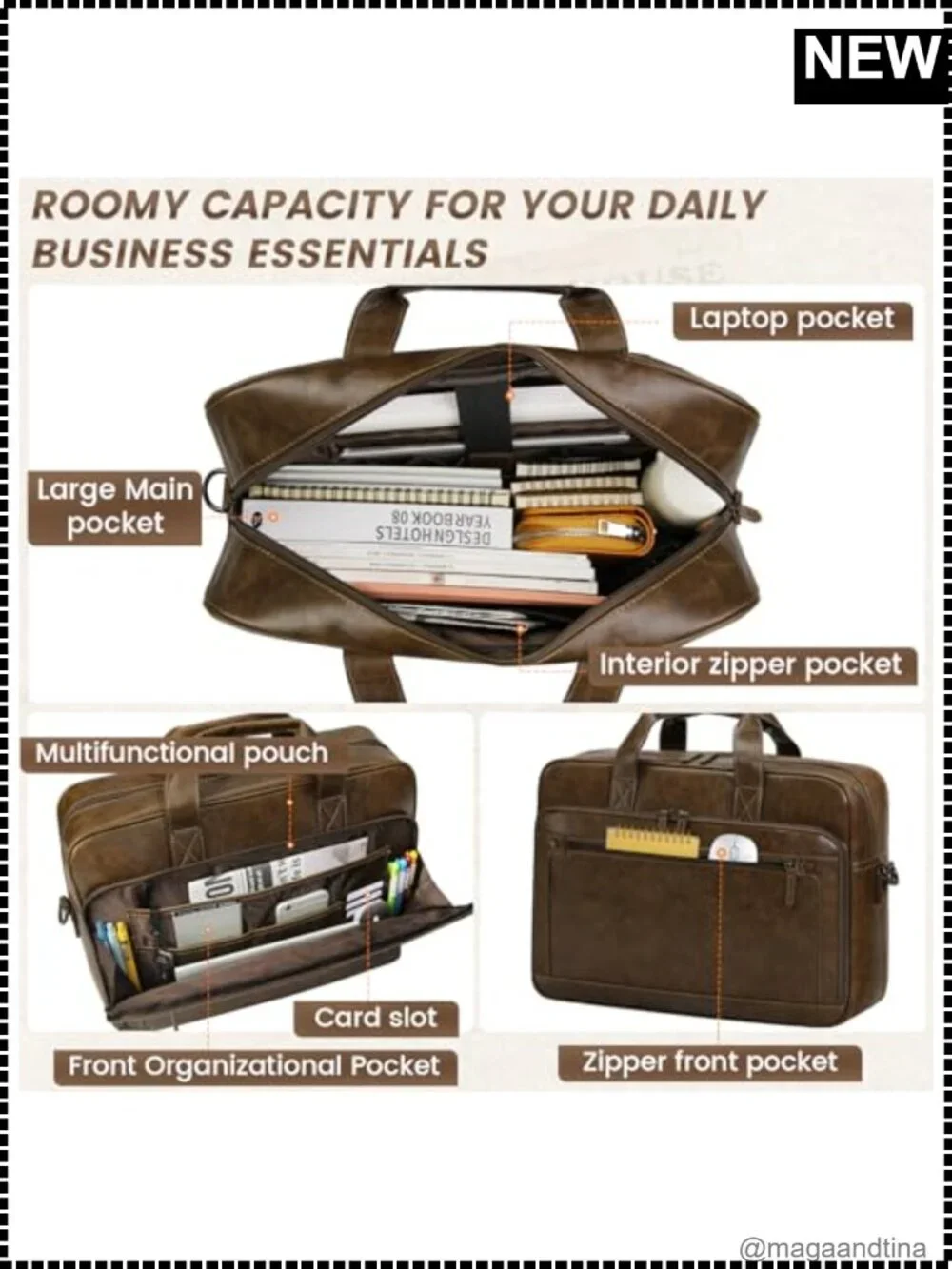 16 Inch Mens PU Leather Laptop Briefcase Messenger Bag Vintage Work